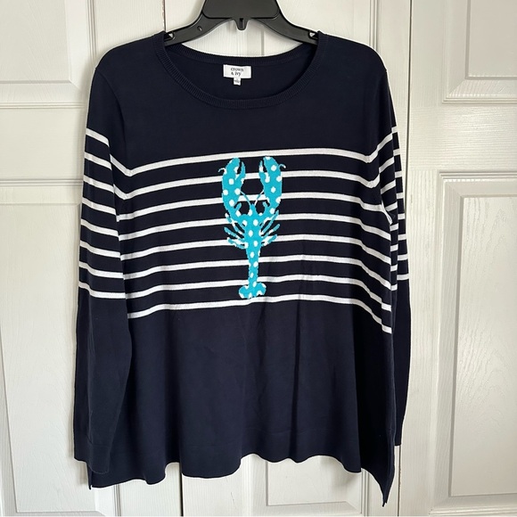 Fisherman Sweater Womens Large Navy Stripe Lobster Nautical Pullover Cape Cod - Picture 1 of 7